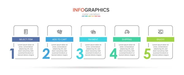 Konzept des Einkaufsprozesses mit 5 aufeinander folgenden Schritten. Fünf farbenfrohe grafische Elemente. Timeline-Design für Broschüre, Präsentation, Website. Gestaltung der Infografik. — Stockvektor