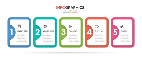 Konzept des Einkaufsprozesses mit 5 aufeinander folgenden Schritten. Fünf farbenfrohe grafische Elemente. Timeline-Design für Broschüre, Präsentation, Website. Gestaltung der Infografik. — Stockvektor