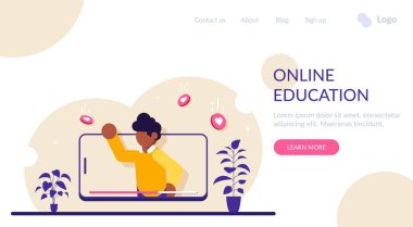 Online eğitim. Cep telefonundaki video. Eğitim kursu için canlı yayın ya da bir web sitesi kaydı. Modern düz resimleme.