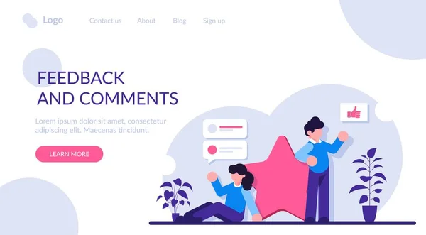 5点満点でフィードバックやコメントを残します。製品やサービスの評価。人は彼の意見を共有する。現代の平面図. — ストックベクタ