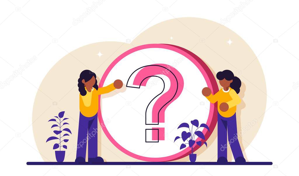 FAQ. Frequently Asked Questions. Technical support workers. Women stand near a large question mark. Modern flat illustration.