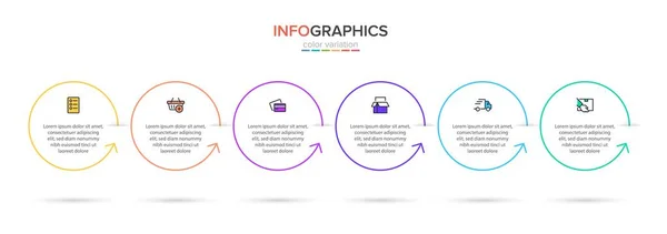 Altı adımlı alışveriş süreci kavramı. Altı renkli grafik elementi. Broşür, sunum ve web sitesi için zaman çizelgesi tasarımı. Infographic tasarım düzeni. — Stok Vektör