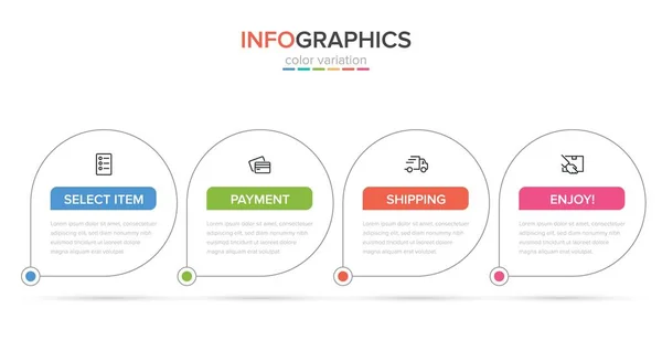 Conceito de processo de compras com 4 etapas sucessivas. Quatro elementos gráficos coloridos. Design de linha do tempo para brochura, apresentação, site. Layout de design infográfico. — Vetor de Stock