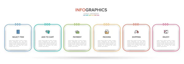 Konsep dari proses belanja dengan 6 langkah berturut-turut. Enam elemen grafis berwarna-warni. Desain garis waktu untuk brosur, presentasi, situs web. Tata letak desain infografis. - Stok Vektor