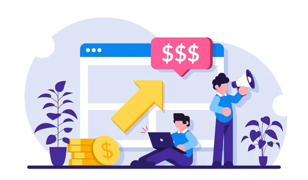 PPC kampanya konsepti. Klik başına ödeme illüstrasyonu. Dizüstü bilgisayarı ve hoparlörü olan bir adam ürün ya da müşteri hizmetlerinin reklamını yapıyor. Modern düz resimleme.