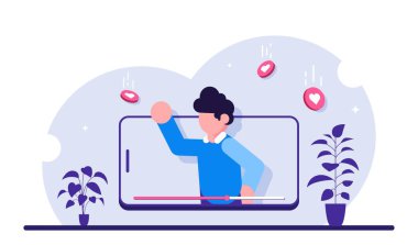 Online eğitim. Cep telefonundaki video. Eğitim kursu için canlı yayın ya da bir web sitesi kaydı. Modern düz resimleme.