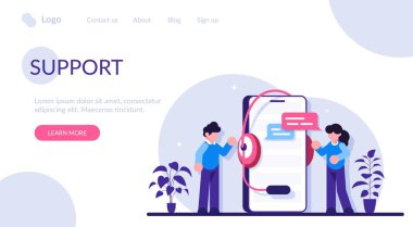Teknik destek çalışanları kulaklıklı büyük bir telefonun yanında dururlar. SSS Sık Sorulan Sorular. Çalışanlarla iletişim kurmak. Modern düz resimleme.
