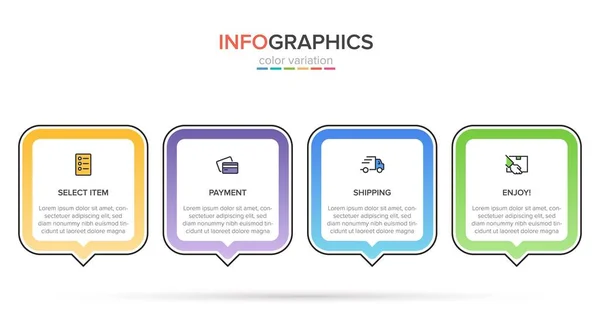 Begreppet shopping process med 4 på varandra följande steg. Fyra färgstarka grafiska element. Tidslinje design för broschyr, presentation, hemsida. Infografisk utformning. — Stock vektor