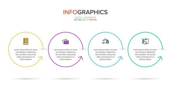 Konzept des Einkaufsprozesses mit 4 aufeinanderfolgenden Schritten. Vier farbenfrohe grafische Elemente. Timeline-Design für Broschüre, Präsentation, Website. Gestaltung der Infografik. — Stockvektor