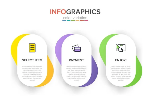 Concept de processus d'achat en 3 étapes successives. Trois éléments graphiques colorés. Conception du calendrier pour la brochure, la présentation, le site Web. Mise en page infographique. — Image vectorielle