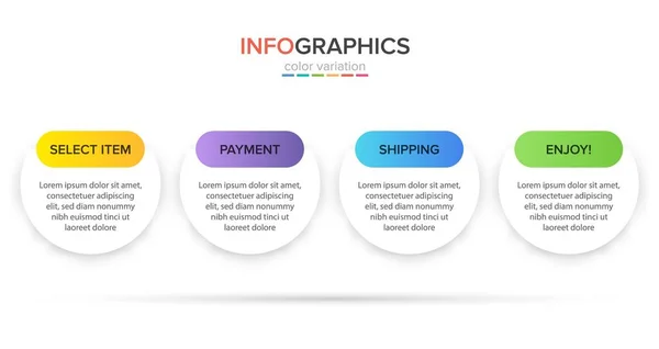 Concept of shopping process with 4 successive steps. Four colorful graphic elements. Timeline design for brochure, presentation, web site. Infographic design layout. — Stock Vector
