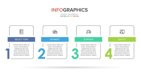 Concept de processus d'achat en 4 étapes successives. Quatre éléments graphiques colorés. Conception du calendrier pour la brochure, la présentation, le site Web. Mise en page infographique. — Image vectorielle