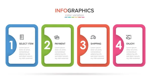 Konzept des Einkaufsprozesses mit 4 aufeinanderfolgenden Schritten. Vier farbenfrohe grafische Elemente. Timeline-Design für Broschüre, Präsentation, Website. Gestaltung der Infografik. — Stockvektor