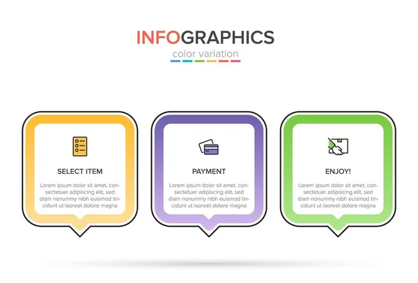 Üst üste üç adımla alışveriş süreci kavramı. Üç renkli grafik öğe. Broşür, sunum ve web sitesi için zaman çizelgesi tasarımı. Infographic tasarım düzeni. — Stok Vektör