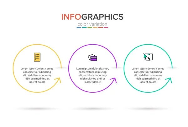 Konzept des Einkaufsprozesses mit 3 aufeinander folgenden Schritten. Drei farbenfrohe grafische Elemente. Timeline-Design für Broschüre, Präsentation, Website. Gestaltung der Infografik. — Stockvektor