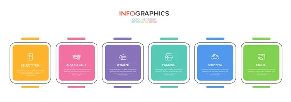 A vásárlási folyamat koncepciója 6 egymást követő lépésben. Hat színes grafikai elem. Idővonal tervezése prospektus, prezentáció, weboldal. Infografikai tervezési elrendezés. — Stock Vector