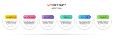 Altı adımlı alışveriş süreci kavramı. Altı renkli grafik elementi. Broşür, sunum ve web sitesi için zaman çizelgesi tasarımı. Infographic tasarım düzeni.
