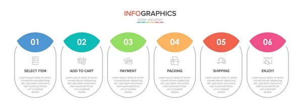 Concepto de proceso de compra con 6 pasos sucesivos. Seis coloridos elementos gráficos. Diseño de línea de tiempo para folleto, presentación, sitio web. Diseño infográfico. — Vector de stock