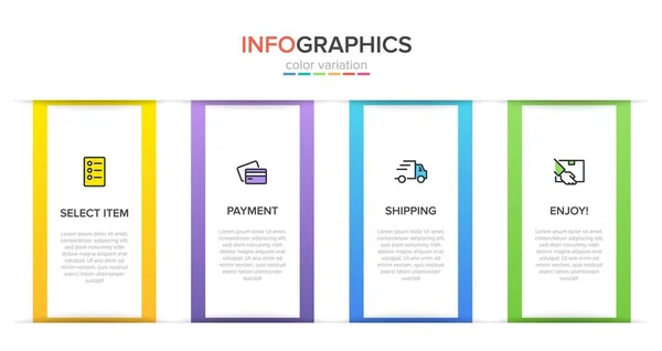 Koncepcja procesu zakupów z 4 kolejnymi krokami. Cztery kolorowe elementy graficzne. Projekt harmonogramu dla broszury, prezentacji, strony internetowej. Układ projektu infograficznego. — Wektor stockowy