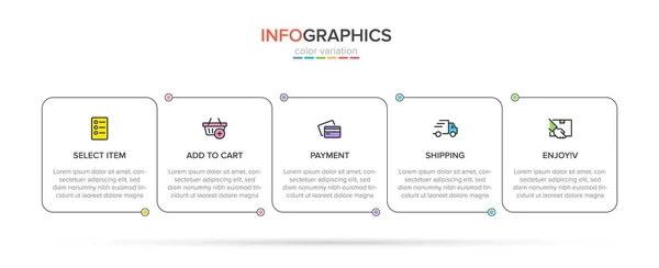 Konzept des Einkaufsprozesses mit 5 aufeinander folgenden Schritten. Fünf farbenfrohe grafische Elemente. Timeline-Design für Broschüre, Präsentation, Website. Gestaltung der Infografik. — Stockvektor