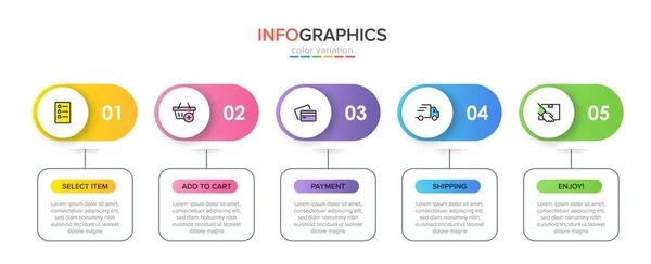 Konzept des Einkaufsprozesses mit 5 aufeinander folgenden Schritten. Fünf farbenfrohe grafische Elemente. Timeline-Design für Broschüre, Präsentation, Website. Gestaltung der Infografik. — Stockvektor