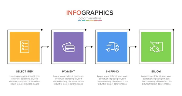 Konzept des Einkaufsprozesses mit 4 aufeinanderfolgenden Schritten. Vier farbenfrohe grafische Elemente. Timeline-Design für Broschüre, Präsentation, Website. Gestaltung der Infografik. — Stockvektor