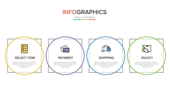 Concept de processus d'achat en 4 étapes successives. Quatre éléments graphiques colorés. Conception du calendrier pour la brochure, la présentation, le site Web. Mise en page infographique. — Image vectorielle