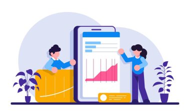 Seo analizi cep telefonuyla yapılıyor. Çalışanlar haritalardaki verileri analiz ederler. Moden düz illüstrasyon.