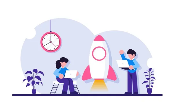 Boost business. Startup illustration. People with laptops stand near the rocket. Modern flat illustration. — Stock Vector
