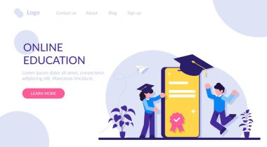 Cep telefonuyla çevrimiçi eğitim. Akademik alanda insanlar ve akıllı telefonlar. Diplomanın mobil versiyonu. Modern düz resimleme.