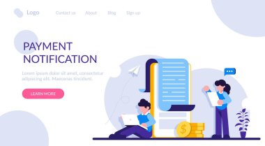 Ödeme tebligatı, sözleşme sonucu. Bankacılık, elektronik mobil ödemeler. Büyük cep telefonunun yanında duran insanlar. Modern düz resimleme.