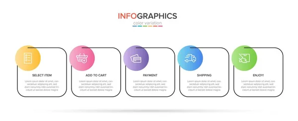 Konzept des Einkaufsprozesses mit 5 aufeinander folgenden Schritten. Fünf farbenfrohe grafische Elemente. Timeline-Design für Broschüre, Präsentation, Website. Gestaltung der Infografik. — Stockvektor