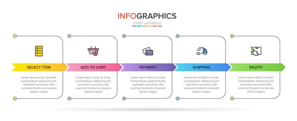 Konzept des Einkaufsprozesses mit 5 aufeinander folgenden Schritten. Fünf farbenfrohe grafische Elemente. Timeline-Design für Broschüre, Präsentation, Website. Gestaltung der Infografik. — Stockvektor