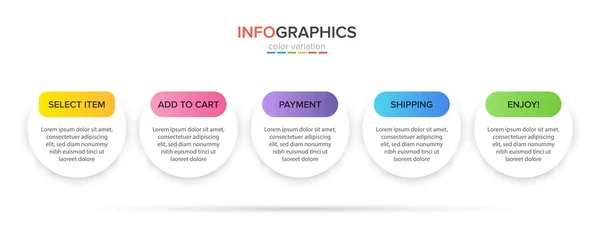 Konzept des Einkaufsprozesses mit 5 aufeinander folgenden Schritten. Fünf farbenfrohe grafische Elemente. Timeline-Design für Broschüre, Präsentation, Website. Gestaltung der Infografik. — Stockvektor