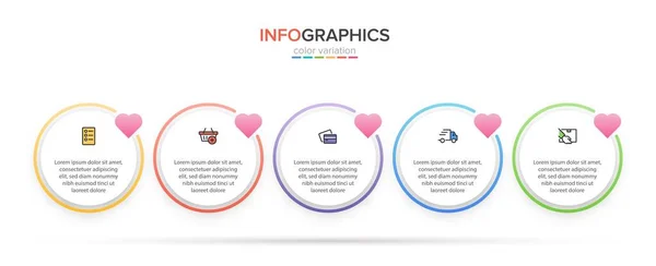 Konzept des Einkaufsprozesses mit 5 aufeinander folgenden Schritten. Fünf farbenfrohe grafische Elemente. Timeline-Design für Broschüre, Präsentation, Website. Gestaltung der Infografik. — Stockvektor