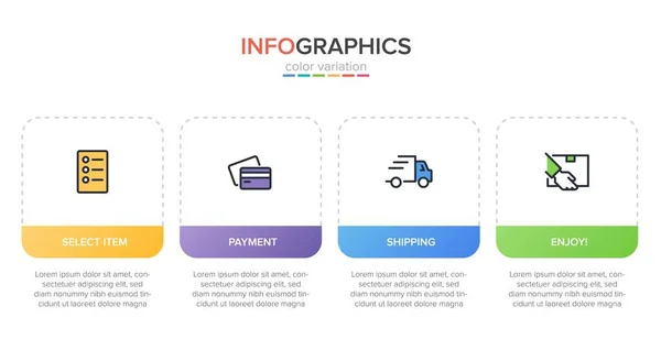 Conceito de processo de compras com 4 etapas sucessivas. Quatro elementos gráficos coloridos. Design de linha do tempo para brochura, apresentação, site. Layout de design infográfico. — Vetor de Stock