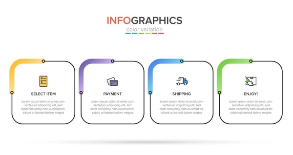 Begreppet shopping process med 4 på varandra följande steg. Fyra färgstarka grafiska element. Tidslinje design för broschyr, presentation, hemsida. Infografisk utformning. — Stock vektor