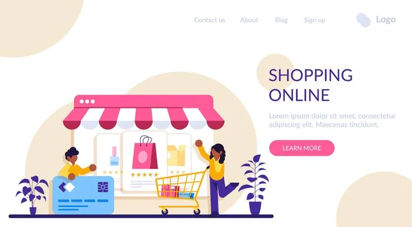 İnternetten alışveriş. E-ticaret konsepti. Pazarlama ve Dijital Pazarlama. Düz İnsanlar Karakterler Dükkanı. Modern düz resimleme. — Stok Vektör