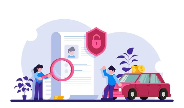 Conceito de verificação de documentos. Personagens fazem um acordo. Pessoas com um documento estão perto do carro. Ilustração plana moderna. — Vetor de Stock