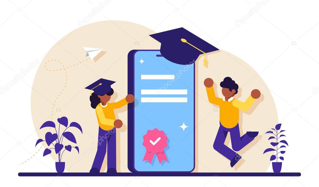 Online education with mobile phone. People and smartphone in square academic cap. Mobile version of the diploma. Modern flat illustration.