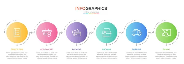 Beş adımlı alışveriş süreci kavramı. Beş renkli grafik elementi. Broşür, sunum ve web sitesi için zaman çizelgesi tasarımı. Infographic tasarım düzeni. — Stok Vektör