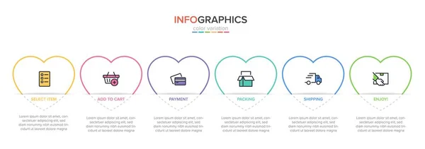 Beş adımlı alışveriş süreci kavramı. Beş renkli grafik elementi. Broşür, sunum ve web sitesi için zaman çizelgesi tasarımı. Infographic tasarım düzeni. — Stok Vektör