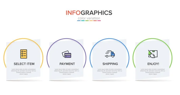 Konzept des Einkaufsprozesses mit 4 aufeinanderfolgenden Schritten. Vier farbenfrohe grafische Elemente. Timeline-Design für Broschüre, Präsentation, Website. Gestaltung der Infografik. — Stockvektor