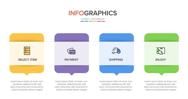 Concept de processus d'achat en 4 étapes successives. Quatre éléments graphiques colorés. Conception du calendrier pour la brochure, la présentation, le site Web. Mise en page infographique. — Image vectorielle