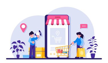 Mobil online alışveriş. Pazarlama ve Dijital Pazarlama. Düz İnsanlar Karakterler Dükkanı. Modern düz resimleme.
