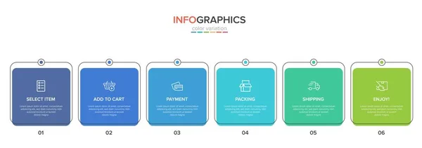 Begreppet shopping process med 6 på varandra följande steg. Sex färgstarka grafiska element. Tidslinje design för broschyr, presentation, hemsida. Infografisk utformning. — Stock vektor