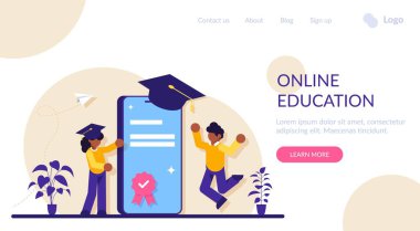 Cep telefonuyla çevrimiçi eğitim. Akademik alanda insanlar ve akıllı telefonlar. Diplomanın mobil versiyonu. Modern düz resimleme.