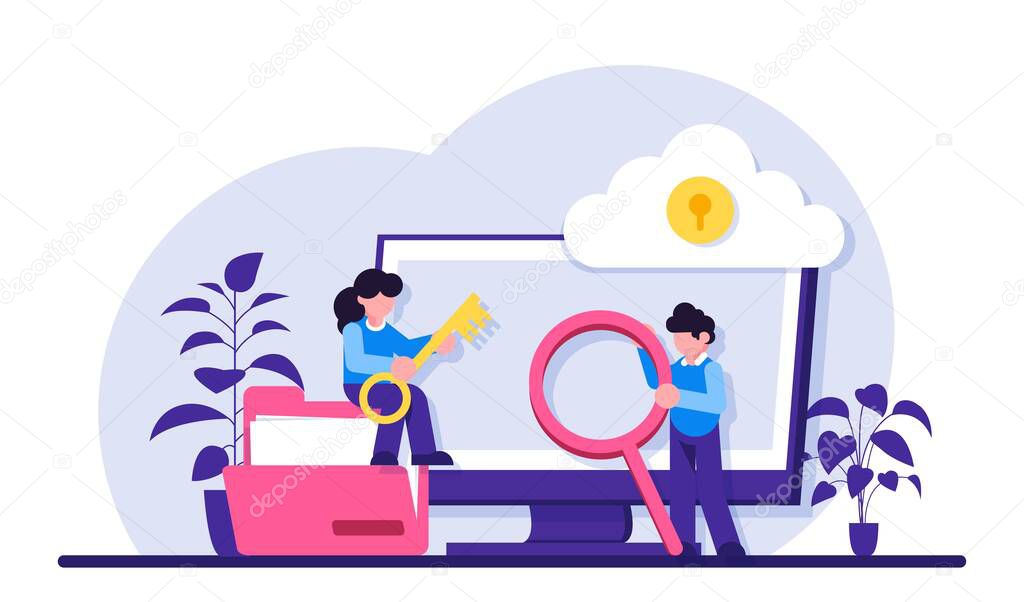 Confidentiality concept. Cyber or web security specialist. Digital data protection and safety. Modern technology and virtual crime. Protection information in internet. Modern flat illustration.