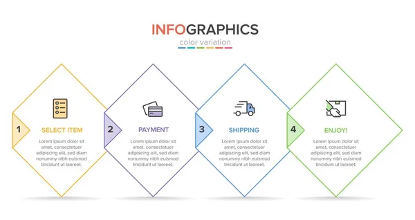 Konzept des Einkaufsprozesses mit 4 aufeinanderfolgenden Schritten. Vier farbenfrohe grafische Elemente. Timeline-Design für Broschüre, Präsentation, Website. Gestaltung der Infografik. — Stockvektor