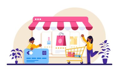  İnternetten alışveriş. E-ticaret konsepti. Pazarlama ve Dijital Pazarlama. Düz İnsanlar Karakterler Dükkanı. Modern düz resimleme.